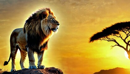 A regal lion stands proudly on a rock, bathed in the golden light of sunset. The scene captures the raw power and beauty of wildlife against a stunning African savanna backdrop.. AI Generation