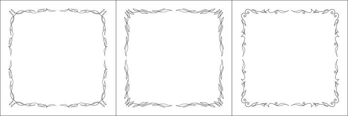 Set of three thin ornamental vector frames. Black and white. Vector frame for all sizes and formats. Isolated vector illustration.	