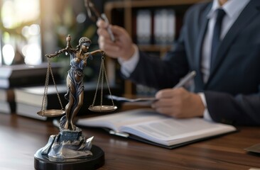 Obraz premium Lawyer is holding the scale of justice while taking notes at his desk 