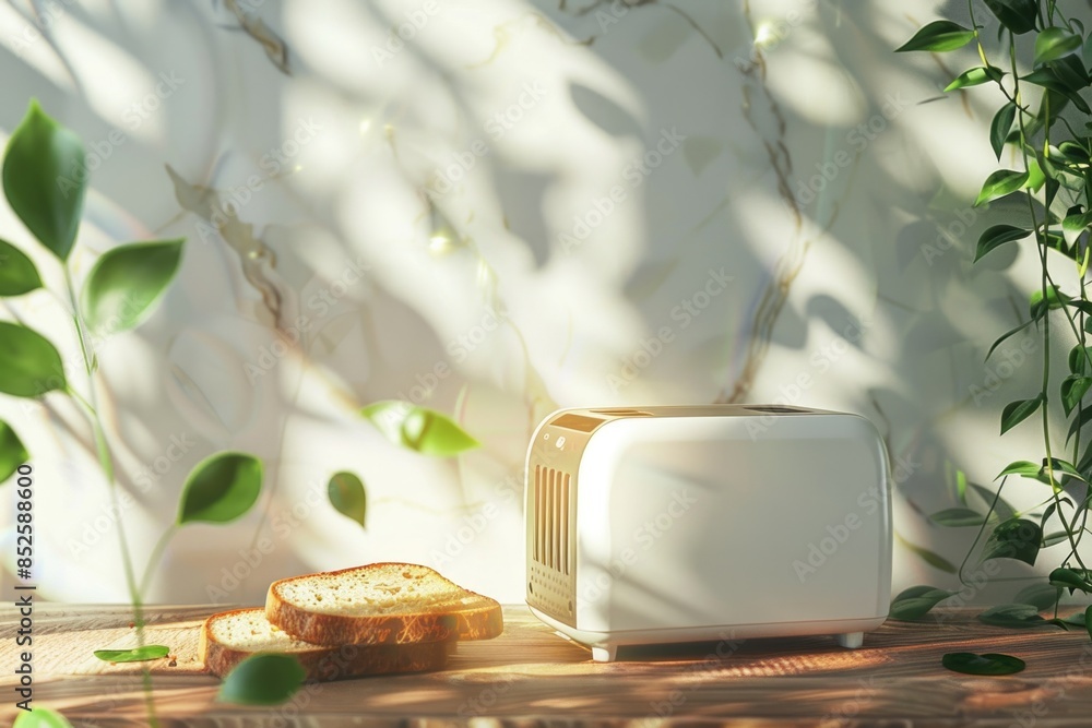 Poster a toaster sits on a table next to a slice of bread, ready for toasting
