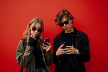 Portrait of the Young Couple with Mobile Phones Chattin, Young Couple Chatting on Mobile Phones, A Modern Portrait of Digital Love, Portrait of a Young Couple Engaged in Mobile Phone Conversation, Emb