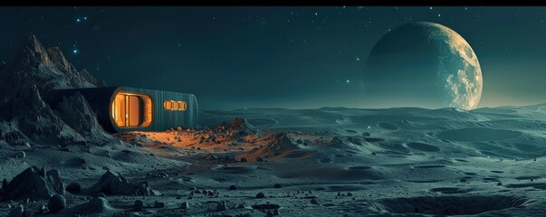 Futuristic lunar base with glowing interiors on the moon's surface, Earth visible in the background, stars illuminating the dark sky.