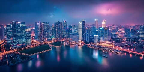 Obraz premium A sprawling metropolis with futuristic architecture gleams under the twilight sky, with dazzling lights reflecting off the water