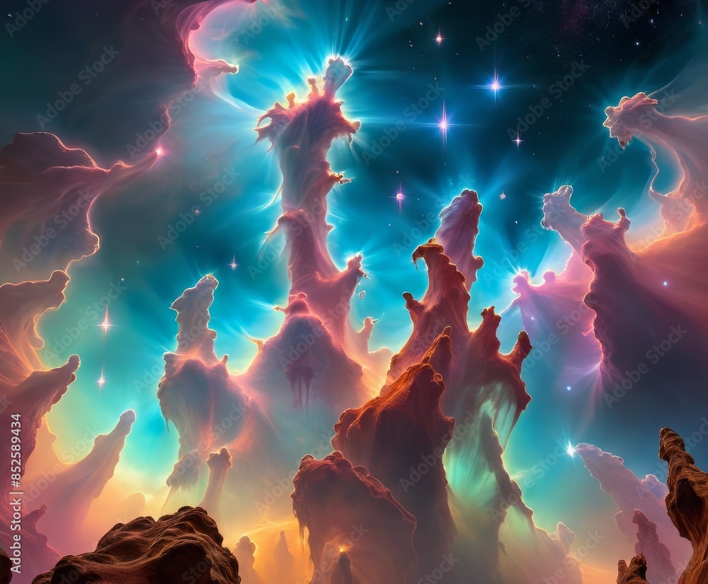 Poster towering rock formations bathed in ethereal light rise into a colorful cosmic nebula. the scene blen