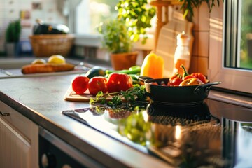 A bowl of fresh vegetables sitting on a kitchen counter, ideal for a still life photography or a healthy eating concept