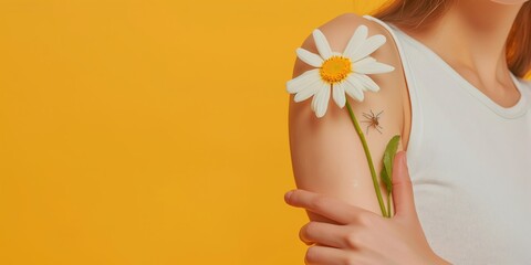 Woman with a shoulder adorned with a daisy flower and a mosquito implying a sense of nature and irony