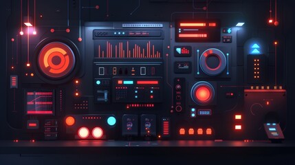 Futuristic control panel with various buttons, dials, and glowing displays, ideal for technology, sci-fi, or video game design themes.