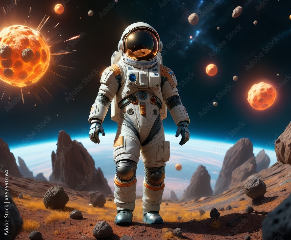 Poster an astronaut in a high-tech suit stands on the rocky terrain of an alien planet, with a sky filled w