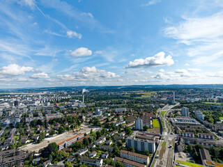 Aerial view of Swiss City of Zürich north part with highway enclosure construction site and public...