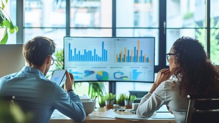 Corporate Strategy Meeting in Modern Office with Business Professionals Analyzing Charts on Big Screen