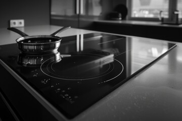 Obraz premium A close-up view of a black and white stove top with knobs and a handle
