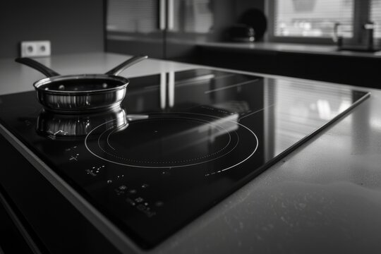 A close-up view of a black and white stove top with knobs and a handle