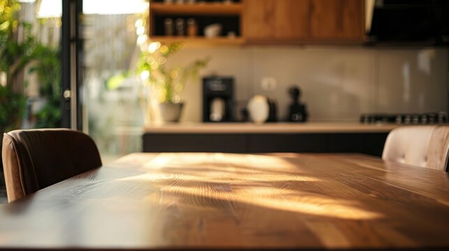 Indoor photo of zoom kitchen table, minimalist ambiance black and dark brown, warm, front view, close view. 