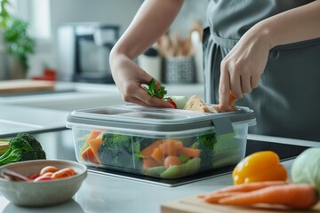 Women packing fresh meal into the lunch box in the kitchen, Effortless Lunch Prep, Woman Packs Fresh Meals into Lunch Boxes in Kitchen, Healthy Meal Planning, Packing Fresh Lunches in the Kitchen for 