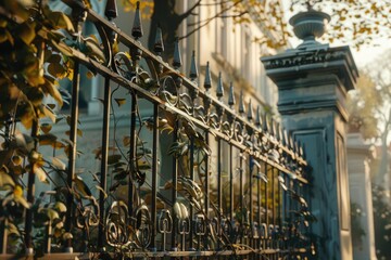 A black iron fence in front of a building, suitable for use as a background or to illustrate a sense of security