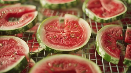 Fresh watermelon slices arranged on a cooling rack, ready for serving or snacking