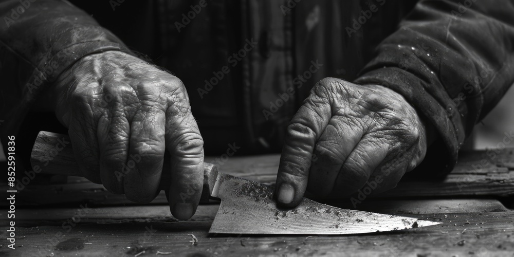 Poster a black and white image of a person handling a knife, suitable for use in editorial or documentary c