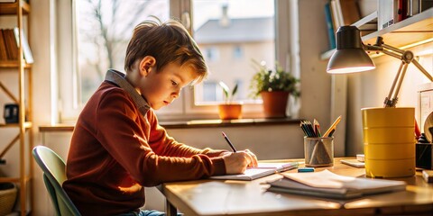 The boy is doing his homework in his room at his desk.