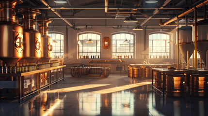 Fototapeta premium A beautifully lit craft brewery interior showcasing large brewing tanks and a warm, inviting atmosphere.
