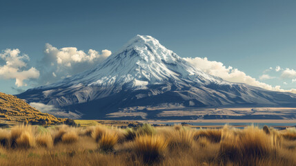 Fototapeta premium Photography of a majestic snow-capped mountain under a clear blue sky with golden grassland in the foreground.
