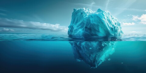 Fototapeta premium Serene blue iceberg floating in the ocean with its reflection visible in tranquil water under a partly cloudy sky.