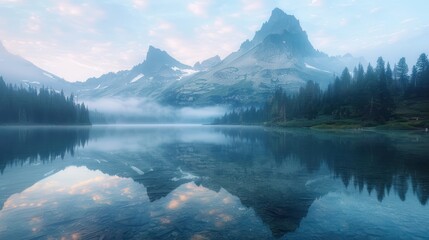 Fototapeta premium Serene mountain lake at dawn with mist and pine trees reflecting on the calm water, under a pastel sky in a peaceful natural landscape.