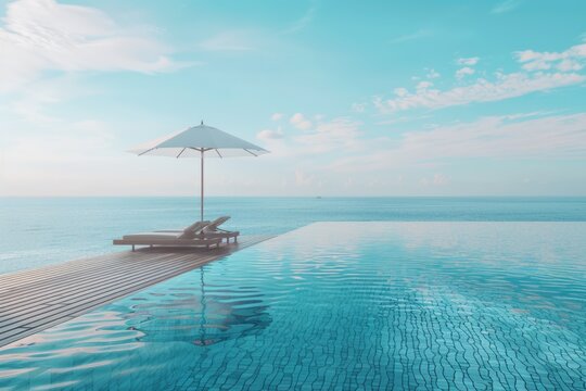 Couple of lounge chairs placed on top of a swimming pool, great for relaxation and sunbathing
