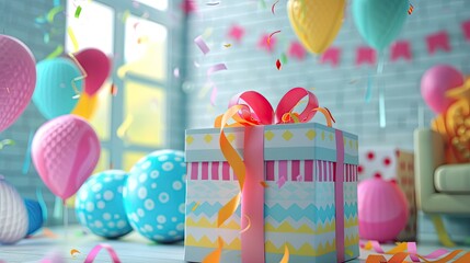 Vibrant and Festive Birthday Gift Box Amidst a Celebratory Setting: A Colorful Delight