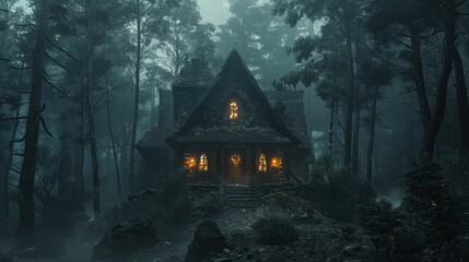 Spooky cabin in a misty forest at night, illuminated by warm lights. Eerie atmosphere with haunting vibes perfect for Halloween themes.