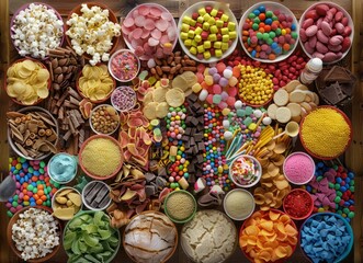 An overhead view of various snacks and rich foods on the wooden table, including potato chips, popcorn, candy bars, candy and ice cream in bowls.