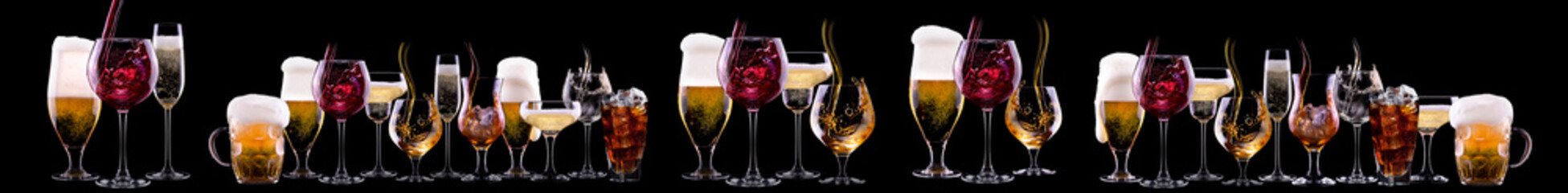 Different alcohol cocktails like beer, martini, soda, champagne, whiskey