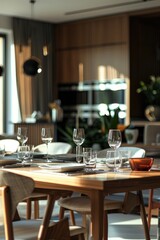 A formal dinner setting with wine glasses on a table
