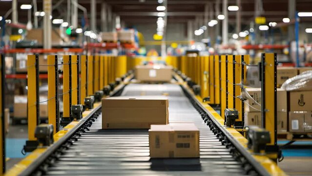 Conveyor belt with cardboard boxes. Logistics and automation background. Efficiency, robotics and supply chain concept