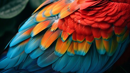Fototapeta premium Close-Up of Vibrant Multicolored Tropical Parrot Feathers