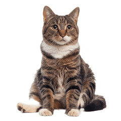 Fototapeta premium Curious cat sitting while looking at camera Relaxed cute fluffy kitty with beautiful asymmetric markings Full body cat portrait Isolated on transparent background