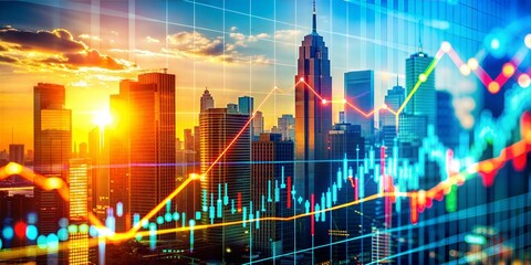 Digital dynamics of the stock market against the backdrop of a large business city.