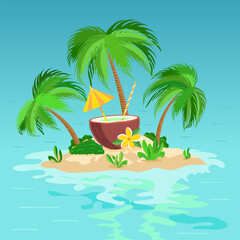 Coconut cocktail, exotic palm trees, flowers on island. Summer sea vacation, tropical beach party illustration.