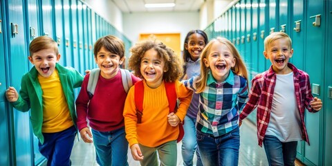 Obraz premium Joyful children walk along the school corridor.