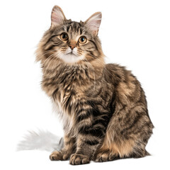 Obraz premium Curious cat sitting while looking at camera Relaxed cute fluffy kitty with beautiful asymmetric markings Full body cat portrait Isolated on transparent background