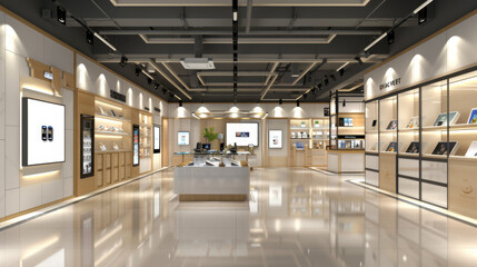 Obraz premium A modern technology store featuring sleek design, bright lighting, and various tech products displayed on shelves and counters.