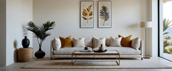 Modern living room with ocean view decorated with natural materials