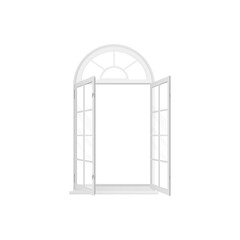 3D window with arch white frame and two open sashes with sections inside vector illustration