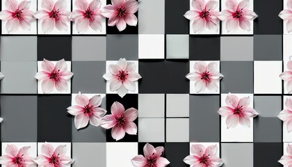 Delicate pink flowers arranged on a black and white checkered background. The contrasting colors and geometric pattern highlight the flowers' elegance, making it perfect for decorative and artistic