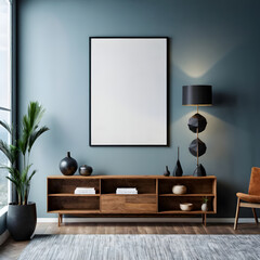 Modern interior with empty frame on wall