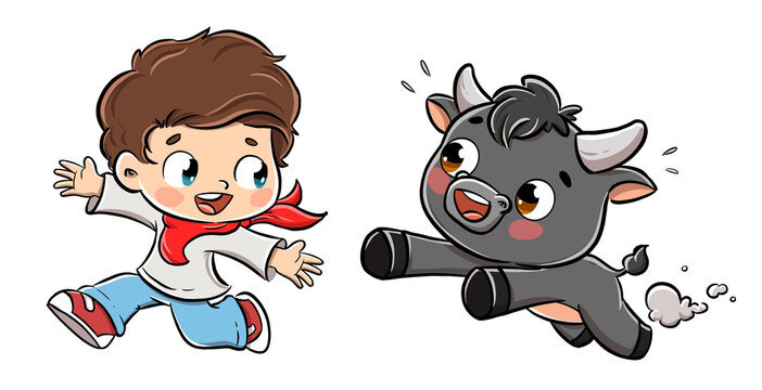 Ni&ntilde;o y toro en San Fermin jugando 