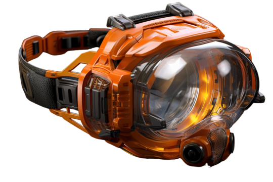The Glowing Orange Visor of a Futuristic Headgear on a Clear PNG or White Background.