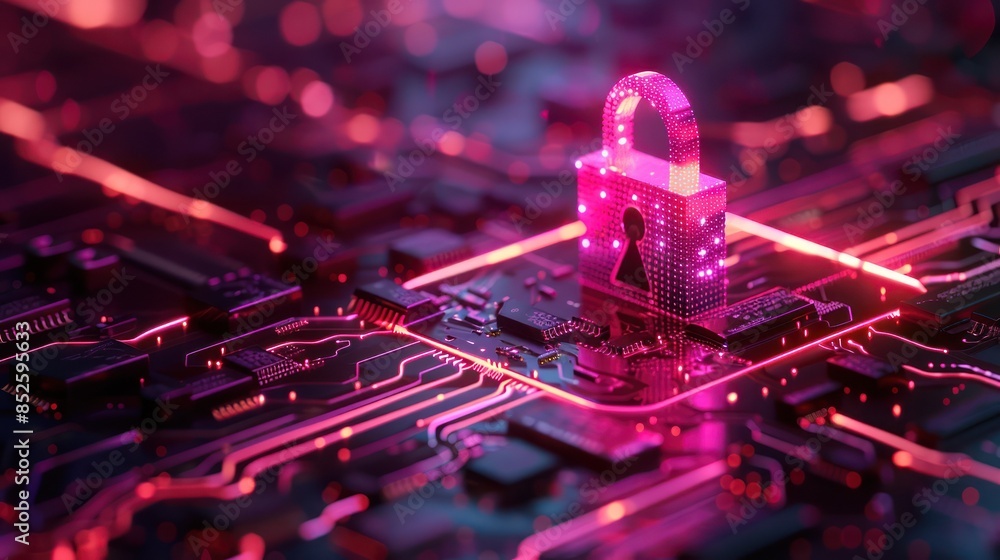 Poster a digital padlock symbolizes cybersecurity on a glowing circuit board, underscoring the importance o