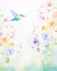 Delicate watercolor painting of a hummingbird among colorful flowers, creating a serene and whimsical atmosphere.