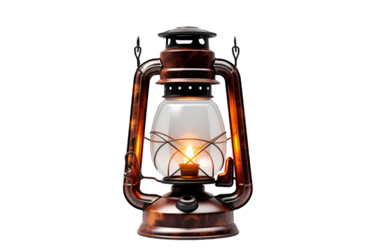 An Antique Oil Lamp Illuminates a White Background on a Clear PNG or White Background.