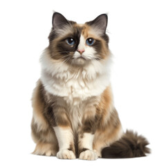 Fototapeta premium Pretty bicolor Ragdoll cat sitting up facing front Looking at camera with dark blue eyes Isolated on transparent background